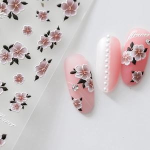 3D embossed cherry blossom nail stickers with pink flower designs and gold stamens