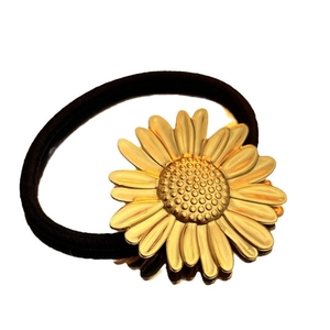 Vintage gold metal daisy flower hair tie with high elastic black band for women
