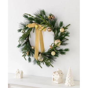 50cm Nordic Christmas wreath with green pine needles, gold ribbon, and champagne ornaments