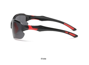 Side view of aerodynamic sports sunglasses featuring black frames and red non-slip pads