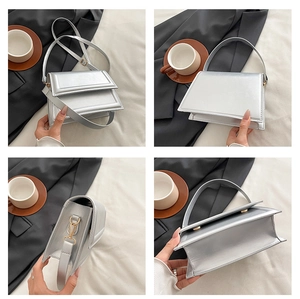 Detail view showing front, back, side, and bottom of the silver minimalist crossbody bag