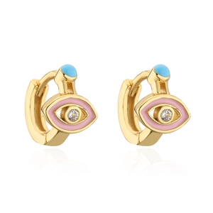 Detailed view of pink enamel evil eye huggie hoop earrings with cubic zirconia and turquoise