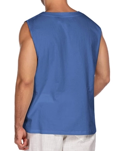 Back view of men's blue cotton linen sleeveless shirt showing texture and round neck