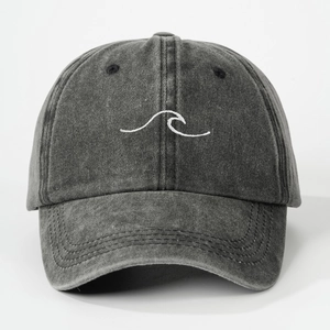 Charcoal grey washed cotton baseball cap with white wave embroidery for outdoor sun protection
