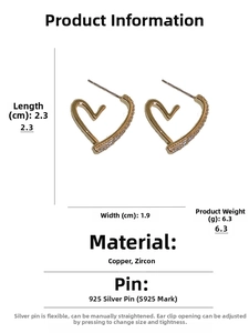 Detail specifications of heart-shaped gold-plated earrings with zircon and silver needle