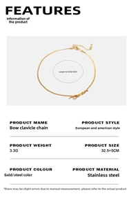 Detailed spec sheet showing a gold bow choker with snake chain and sizing dimensions