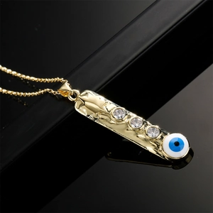 Evil Eye Vertical Bar Pendant Necklace Copper Zircon Enamel Geometric Textured Gold Plated Jewelry For Women