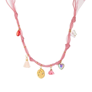 Pink ribbon necklace with gold charms, red beads, and floral pendants on white background