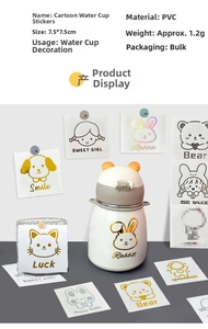 Detail showing cartoon PVC cup stickers with rabbit and astronaut foil gold patterns
