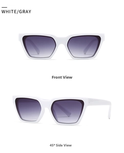 Front and side view of white cat eye sunglasses with gray gradient lenses