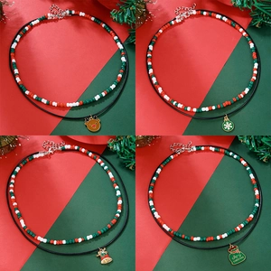 Double-layered Christmas choker with festive glass seed beads and alloy charms in gold