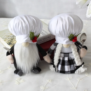Christmas chef gnomes plush set with white hats, holly berry decor and cooking spoons