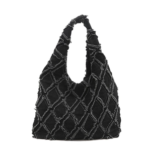 Fashion black denim tote bag with frayed fringe rhombus pattern and knotted handle