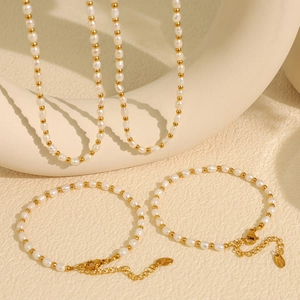 Baroque Freshwater Pearl Jewelry Set With Stainless Steel Beads Necklace And Bracelet Elegant Retro Ins Style For Women