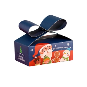 Blue Christmas gift box with Santa illustrations and ribbon folding top closure