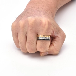 Three-piece calendar spinning ring set in gold, silver, and black stainless steel for men