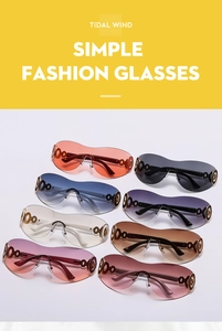 Detailed grid of eight colored rimless Y2K sunglasses with unique circular hinge design