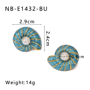 Detail view of shell-shaped earrings in blue enamel with pearl center and dimensions