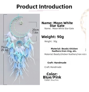 Detailed size specifications for handmade moon dream catcher with blue feathers and tree of life