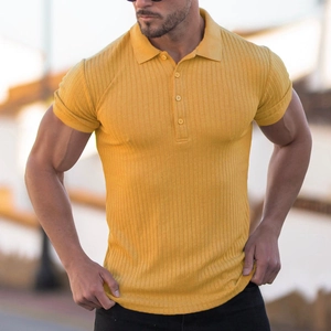 Men's slim fit short sleeve golden polo shirt in vertical ribbed knit texture