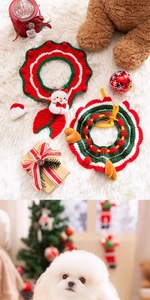 Detailed view of hand-knitted Christmas pet collars featuring snowman and reindeer designs