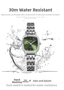 Gros plan d'une montre carrée pour femme avec cadran vert et éclaboussures d'eau étanches