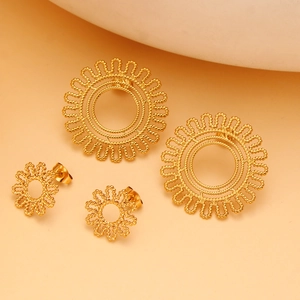 Golden 18K stainless steel sunburst hoop and stud earrings set with braided texture