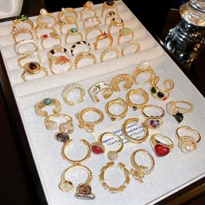 Adjustable Open Ring Gold Plated Alloy Zircon Chinese Zodiac Dragon Heart Flower Retro Fashion Jewelry Women