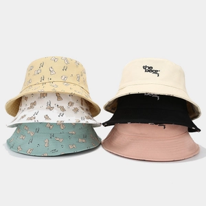 Unisex Cotton Canvas Bucket Hat Sun Protection UV Protection Foldable Wired Brim Cartoon Bear Embroidery Casual Summer