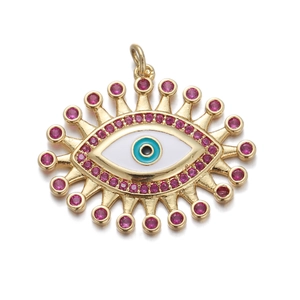 Golden Evil Eye sunburst pendant with turquoise enamel and purple zircon accents