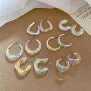 Iridescent Acrylic Geometric C-Shape Hoop Earrings With 925 Sterling Silver Earring Post Trendy Aurora Jewelry For Women