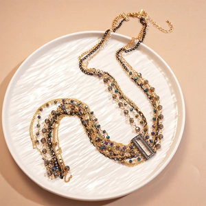 Multilayer gold and black chain necklace with rhinestone rectangle pendant and beads