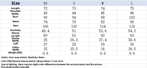 Detailed size chart for women's V-neck blazer including length, bust, and sleeve measurements