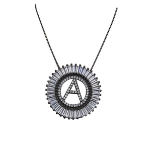 Black gunmetal letter A pendant necklace with sparkling baguette and round zircon stones