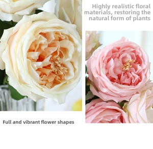 Detailed close-up of champagne and pink artificial roses showing realistic petal textures