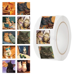 500pcs cat illustration stickers roll with 10 cute artistic patterns for journaling