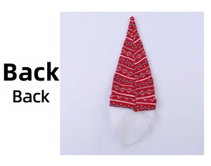 Back view of a Christmas gnome wine bottle topper with red and white knit pointed hat
