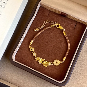 Koi Fish Braided Cord Bracelet Copper Gold Plated Zircon Charm New Chinese Style Vintage Adjustable Jewelry For Women