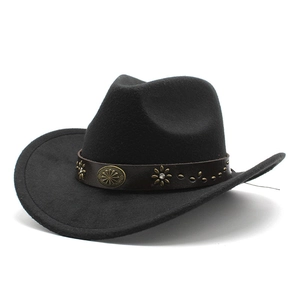 Classic black western cowboy felt hat featuring a vintage leather band with floral studs
