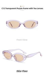 Detailed views of translucent purple oval sunglasses with tea-colored lenses, model C12