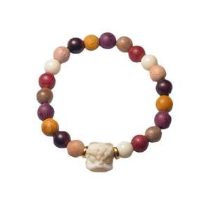 Buddhist colorful wooden prayer beads bracelet with carved white lion and gold spacers