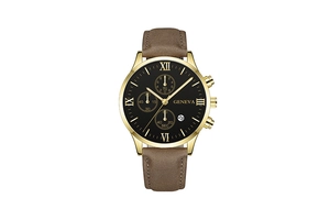 Close-up of Geneva men's watch with golden case, Roman numerals and brown leather strap