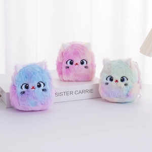 Three colorful plush cat coin purses in pastel gradient shades of pink blue and green