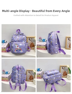 Detail view of purple kids backpack featuring unicorn and rainbow cartoon prints