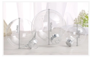 Three clear Christmas ornament balls in 6cm, 8cm, and 10cm sizes with silver metal caps