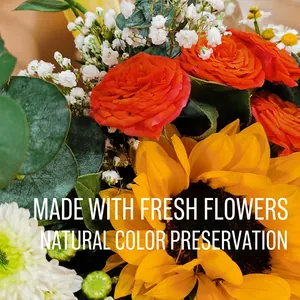Preserved sunflower bouquet with orange roses, baby's breath and eucalyptus leaves