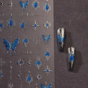 Gothic Blue Butterfly Nail Art Stickers 3D Relief Silver Star Moon Gemstone Retro Self Adhesive Decals For Women DIY