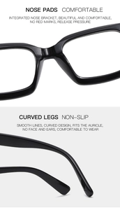 Detail of ergonomic integrated nose pads and non-slip curved temples on black square eyewear