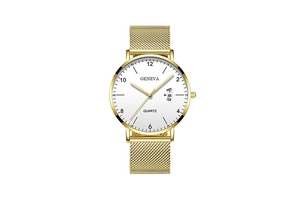Close-up of golden quartz watch with white dial, date window and mesh metal strap