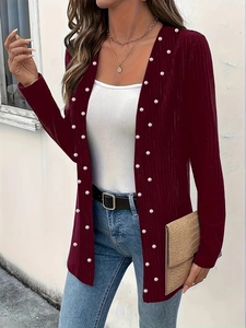Women Long Sleeve Ribbed Knit Cardigan With Artificial Pearl Beaded Open Front Jacket Elegant Solid Color Fashion Commute Outerwear